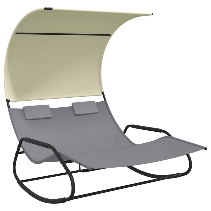 Double rocking lounger with sun canopy gray and cream