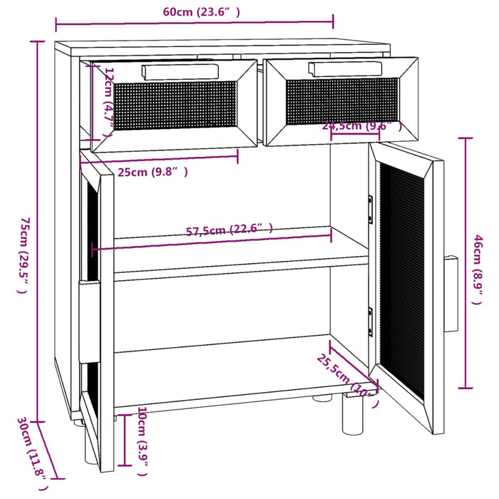 Sideboard Sarah Wiener Geflecht in Braun aus massiver Kiefer und Natur-Rattan