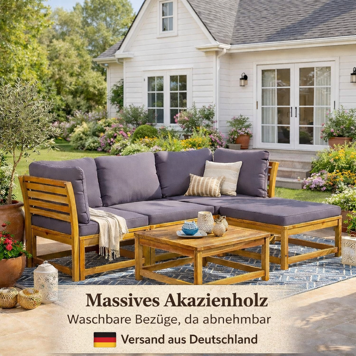 Gartenlounge-Set Evgenia mit Sitzpolster, Rückenkissen & Esstisch