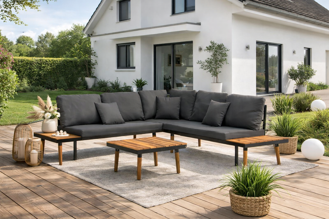 Garten-Lounge-Set Sabrina mit Esstisch und Auflagen aus Massivholz-Akazie