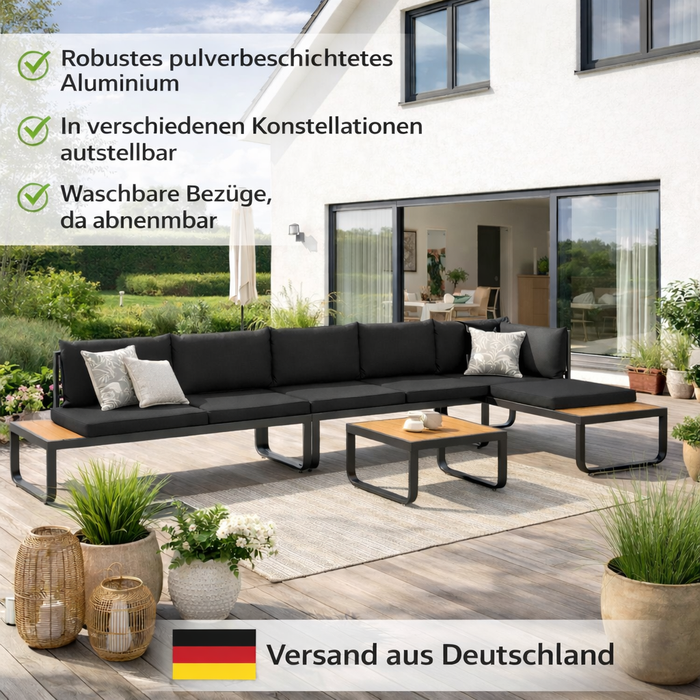 Gartenlounge-Set Elvira aus Aluminium mit Esstisch und Auflagen