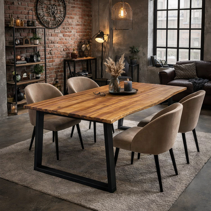 Esszimmertisch Baumkannte "Nibiri" aus massivem Akazienholz in Braun Schwarz