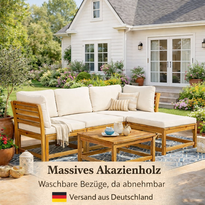 Gartenlounge-Set Evgenia mit Sitzpolster, Rückenkissen & Esstisch