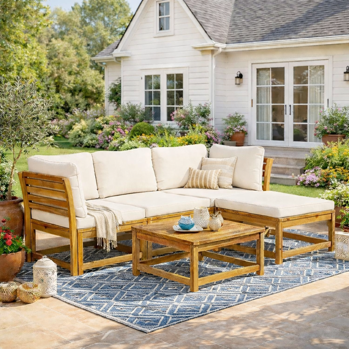 Gartenlounge-Set Evgenia mit Sitzpolster, Rückenkissen & Esstisch