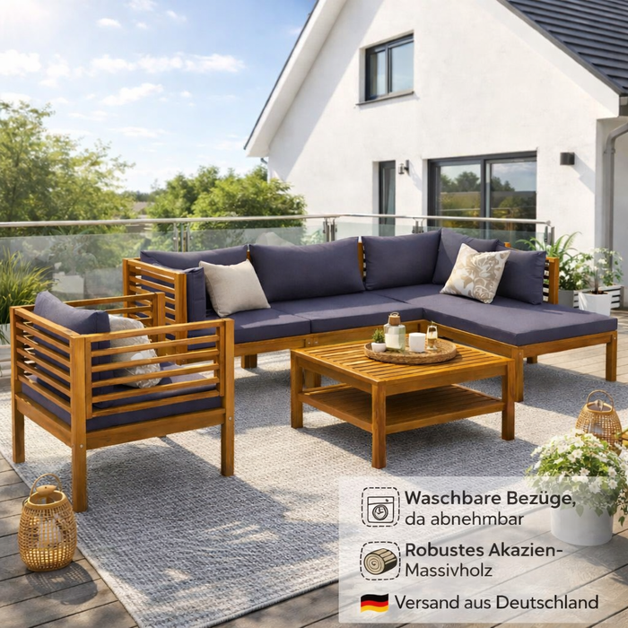 Garten-Lounge-Set Kerstin mit Auflagen und Esstisch Massivholz Akazie