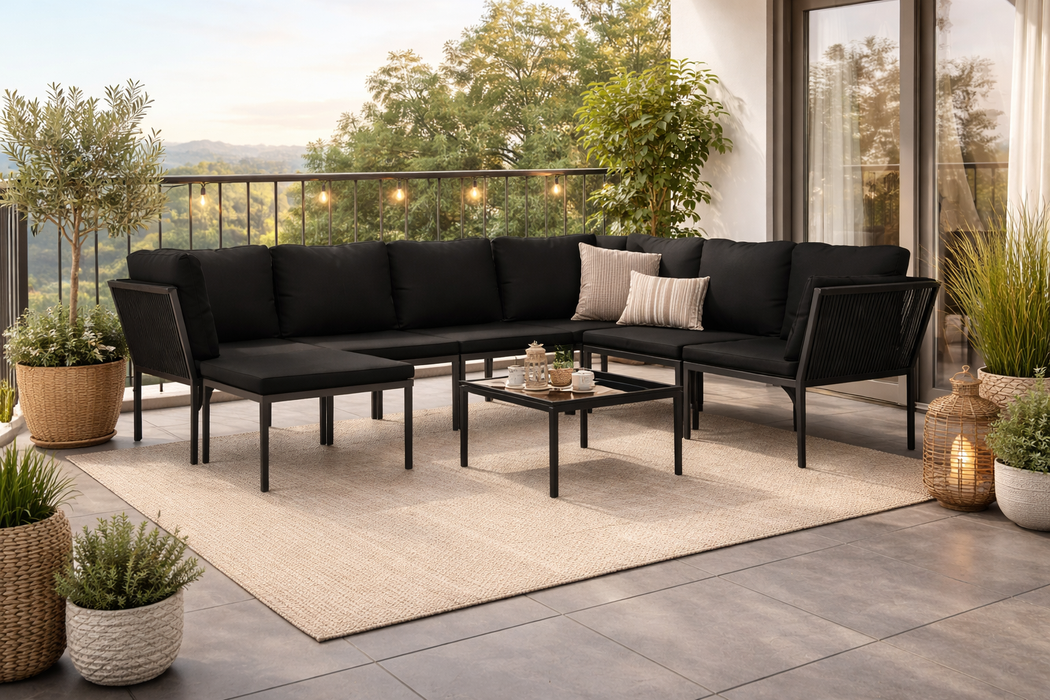 Stahl-Gartenlounge-Set Miriam mit Esstisch und Auflagen in Schwarz