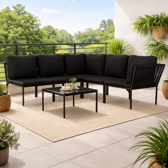 Stahl-Gartenlounge-Set Miriam mit Esstisch und Auflagen in Schwarz