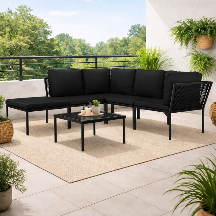 Stahl-Gartenlounge-Set Miriam mit Esstisch und Auflagen in Schwarz