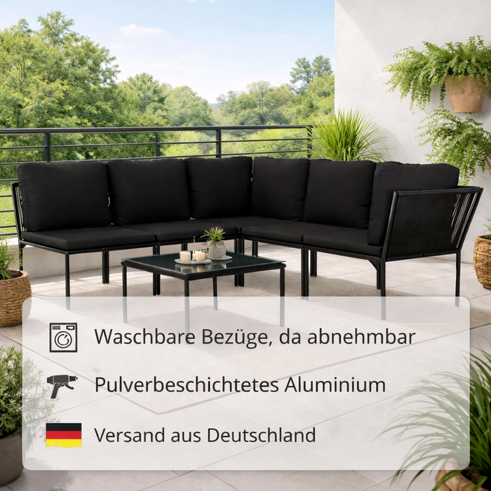 Stahl-Gartenlounge-Set Miriam mit Esstisch und Auflagen in Schwarz