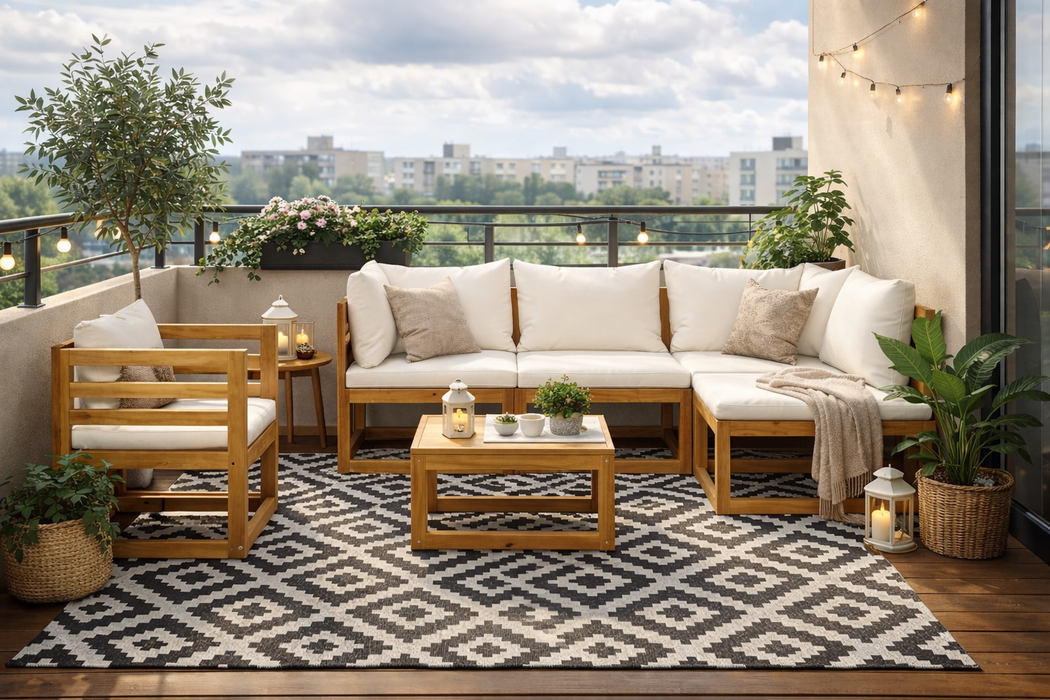 Gartenlounge Set Olivia Akazie Massivholz mit Esstisch und Auflagen