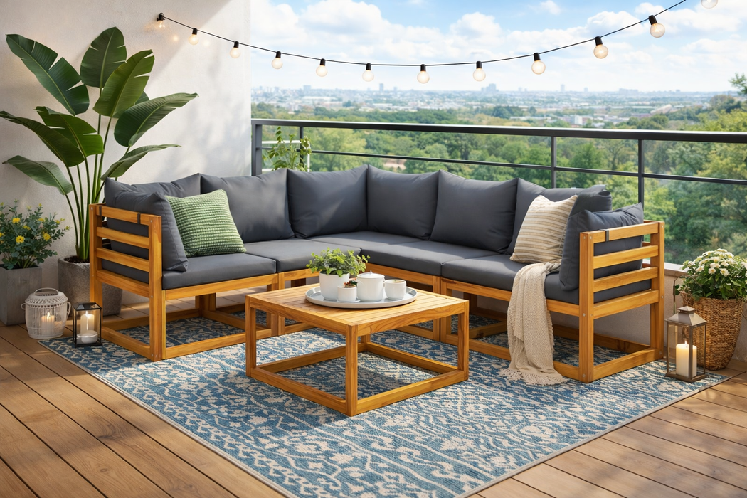 Gartenlounge Set Olivia Akazie Massivholz mit Esstisch und Auflagen