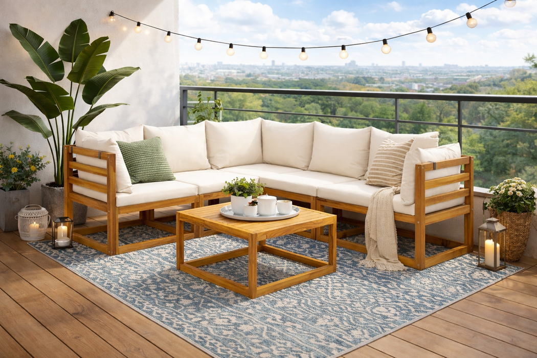 Gartenlounge Set Olivia Akazie Massivholz mit Esstisch und Auflagen