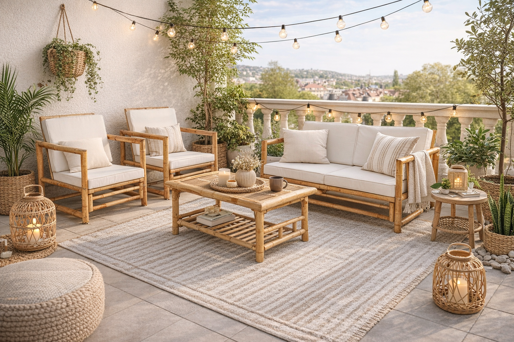 Garten-Lounge-Set Jordi mit Esstisch und Auflagen aus Bambus