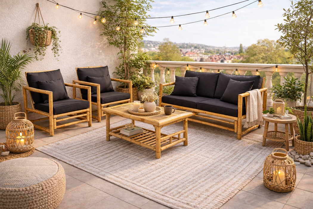 Garten-Lounge-Set Jordi mit Esstisch und Auflagen aus Bambus