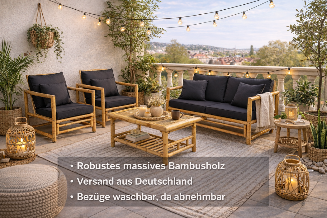Garten-Lounge-Set Jordi mit Esstisch und Auflagen aus Bambus