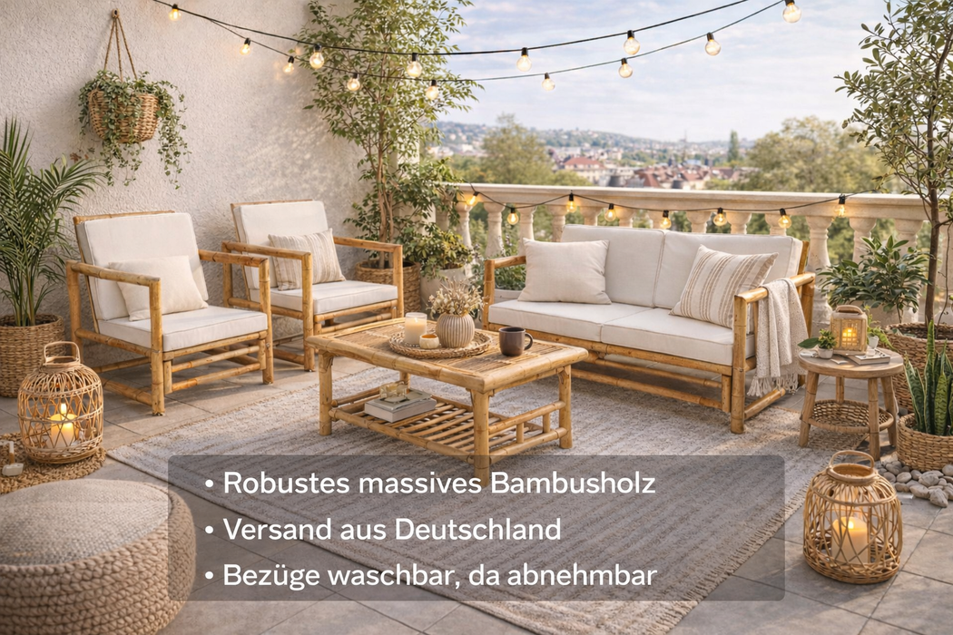 Garten-Lounge-Set Jordi mit Esstisch und Auflagen aus Bambus