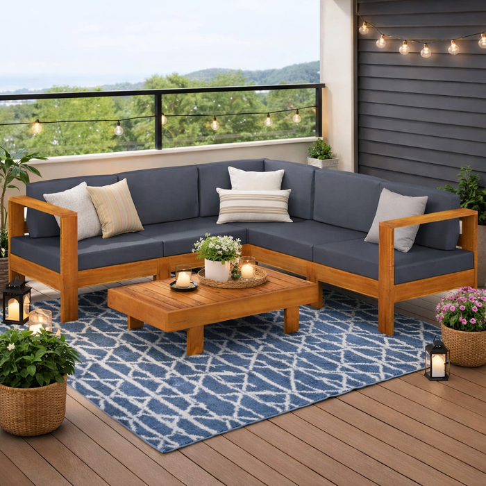 Lounge-Set Vinona mit Esstisch, Sitzpolstern und Rückenkissen (Extra Dicke Polster & Kissen) aus massivem Akazienholz