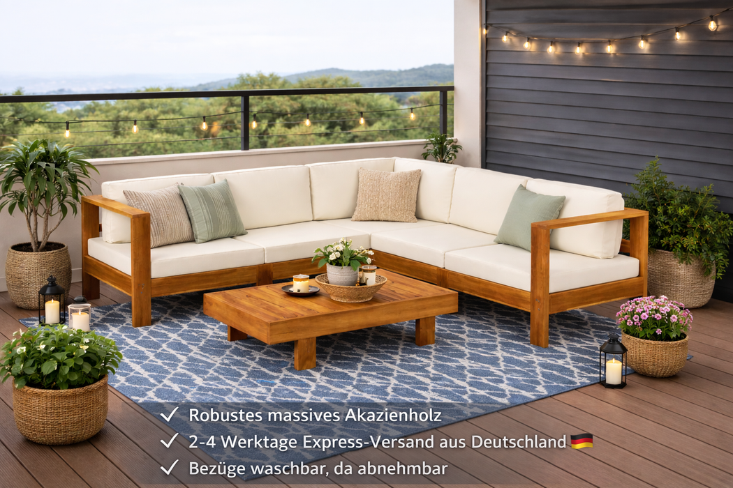 Lounge-Set Vinona mit Esstisch, Sitzpolstern und Rückenkissen (Extra Dicke Polster & Kissen) aus massivem Akazienholz