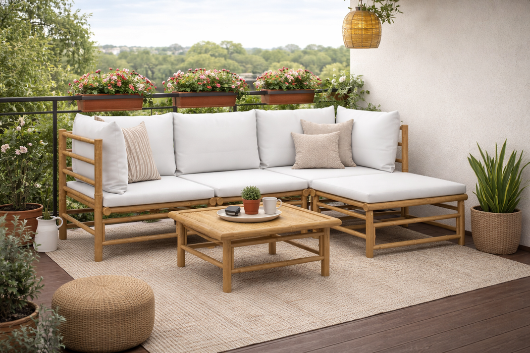 Garten-Lounge-Set Katalania mit Kissen & Loungetisch in Taupe oder Hellgrau Bambusholz