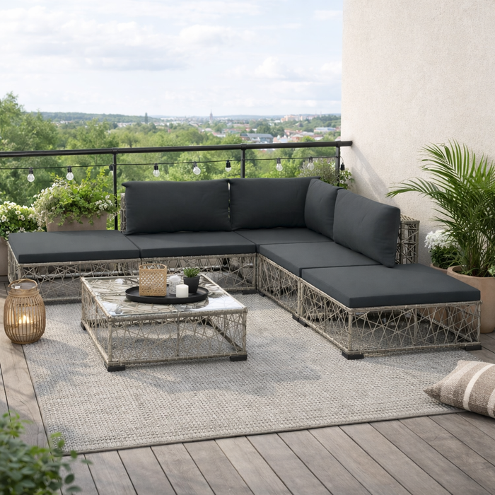Garten-Lounge-Set Lia mit Auflagen und Tisch in Grau