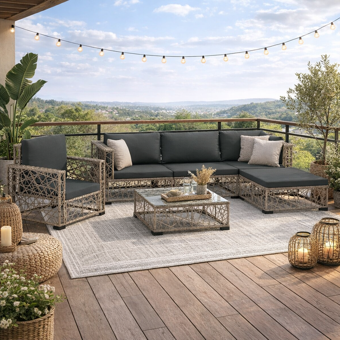 Garten-Lounge-Set Lia mit Auflagen und Tisch in Grau
