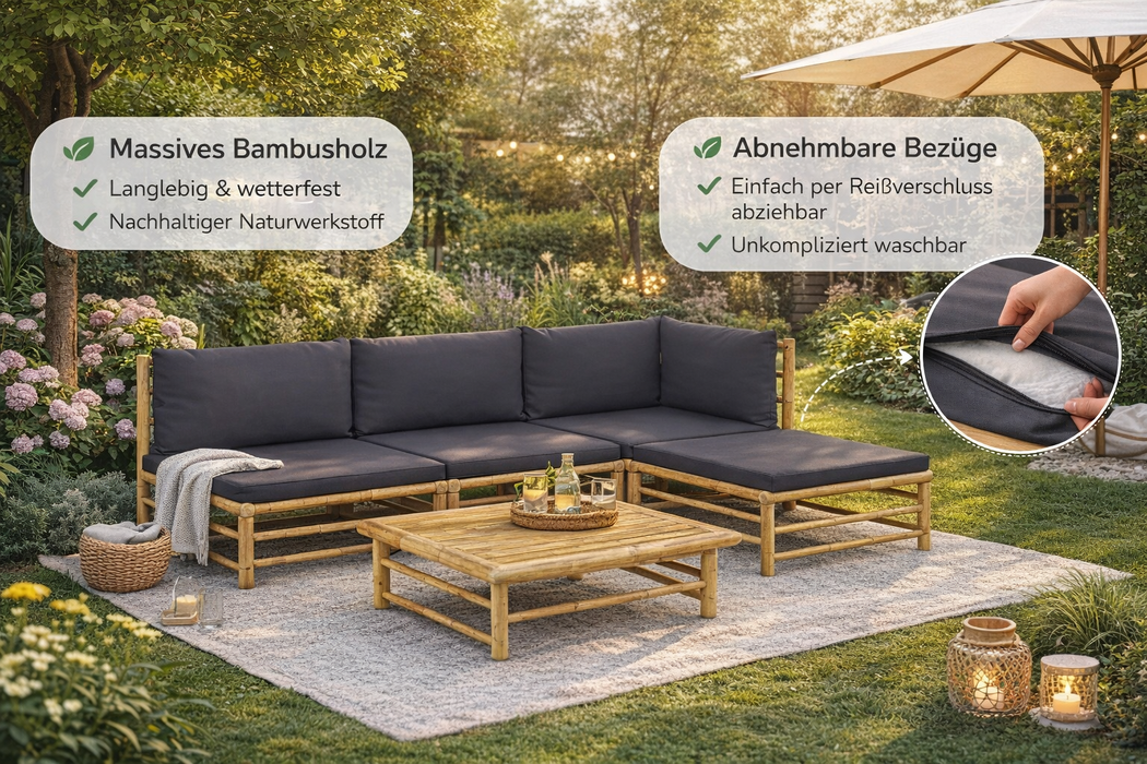 Bambus Gartenlounge-Set Lucas in Grau mit Esstisch und Auflagen
