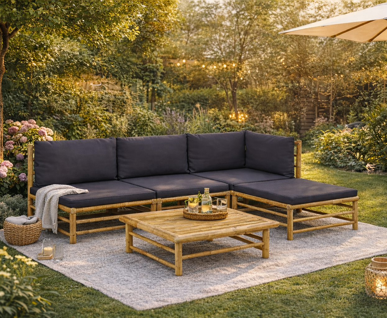 Bambus Gartenlounge-Set Lucas in Grau mit Esstisch und Auflagen