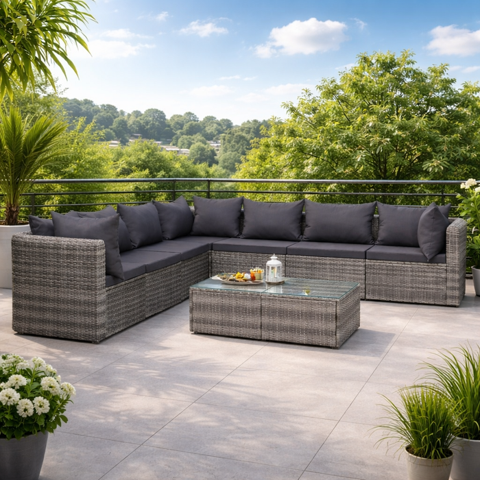 Gartenlounge Hans mit Esstisch und Auflagen Rattan und Glas in Grau