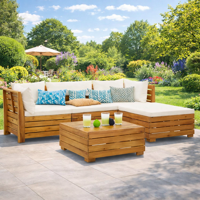 Gartenlounge-Set Alina mit Esstisch und Auflagen aus Akazienholz