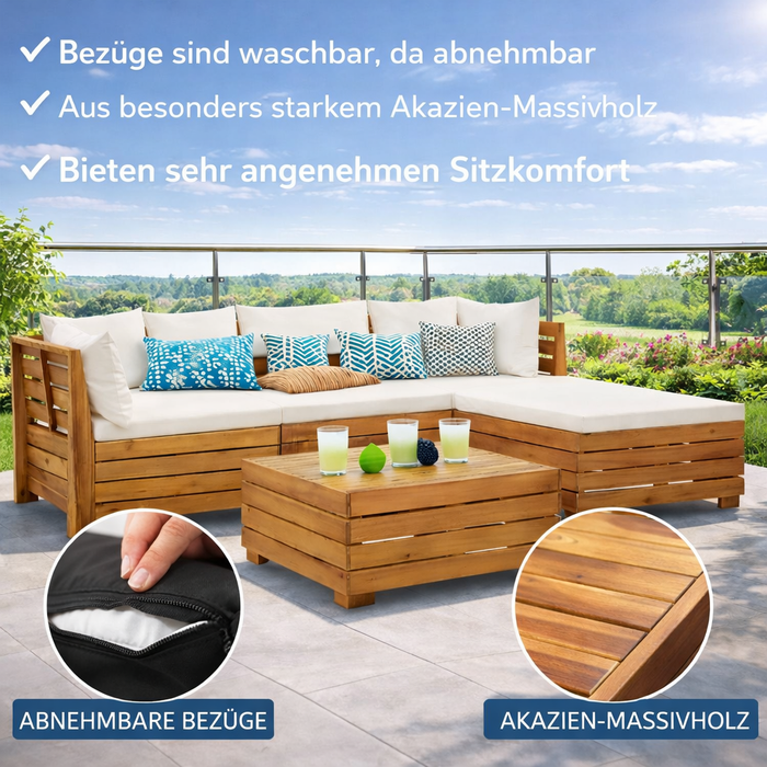 Gartenlounge-Set Alina mit Esstisch und Auflagen aus Akazienholz