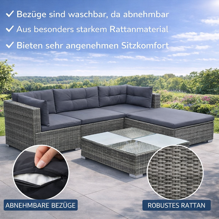 Gartenlounge Aatos im Set mit Esstisch und Auflagen aus Rattan