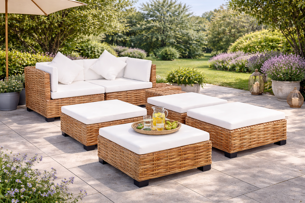 Sofagarnitur-Set Anton Natürliches Rattan und Mahagoniholz