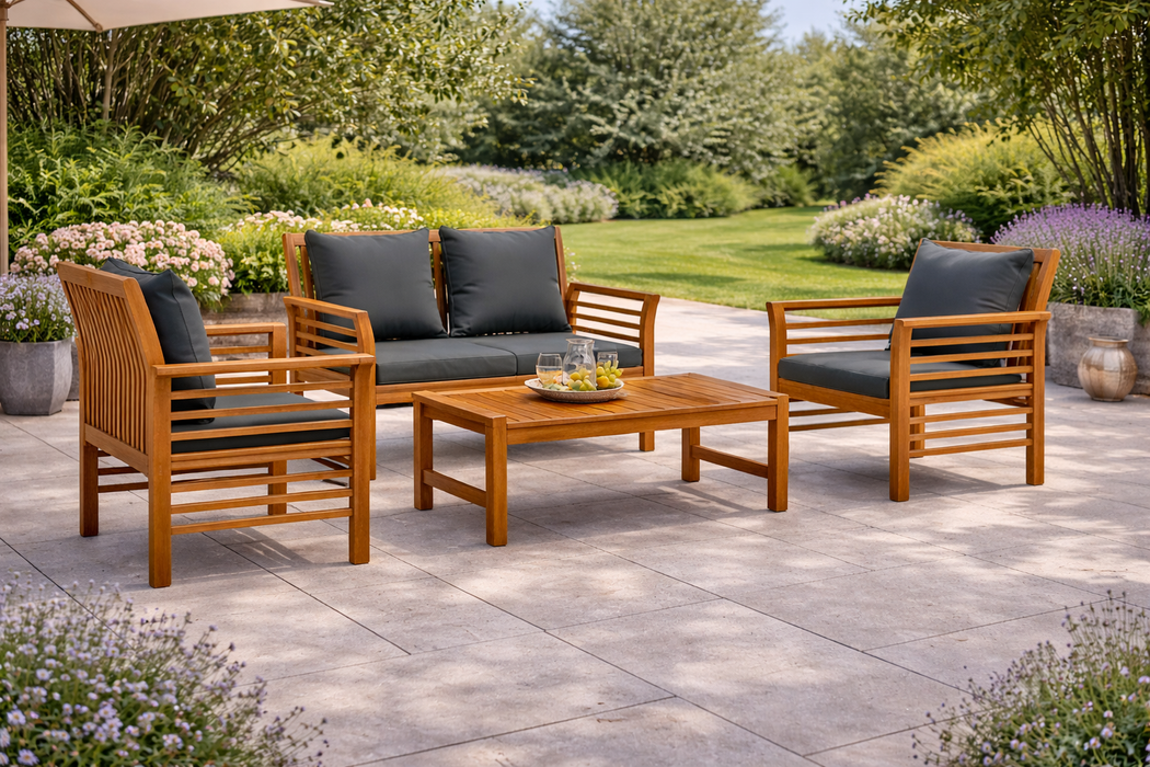 Garten-Essgruppen-Set Vinola mit Kissen und Esstisch aus Massivholz Akazie