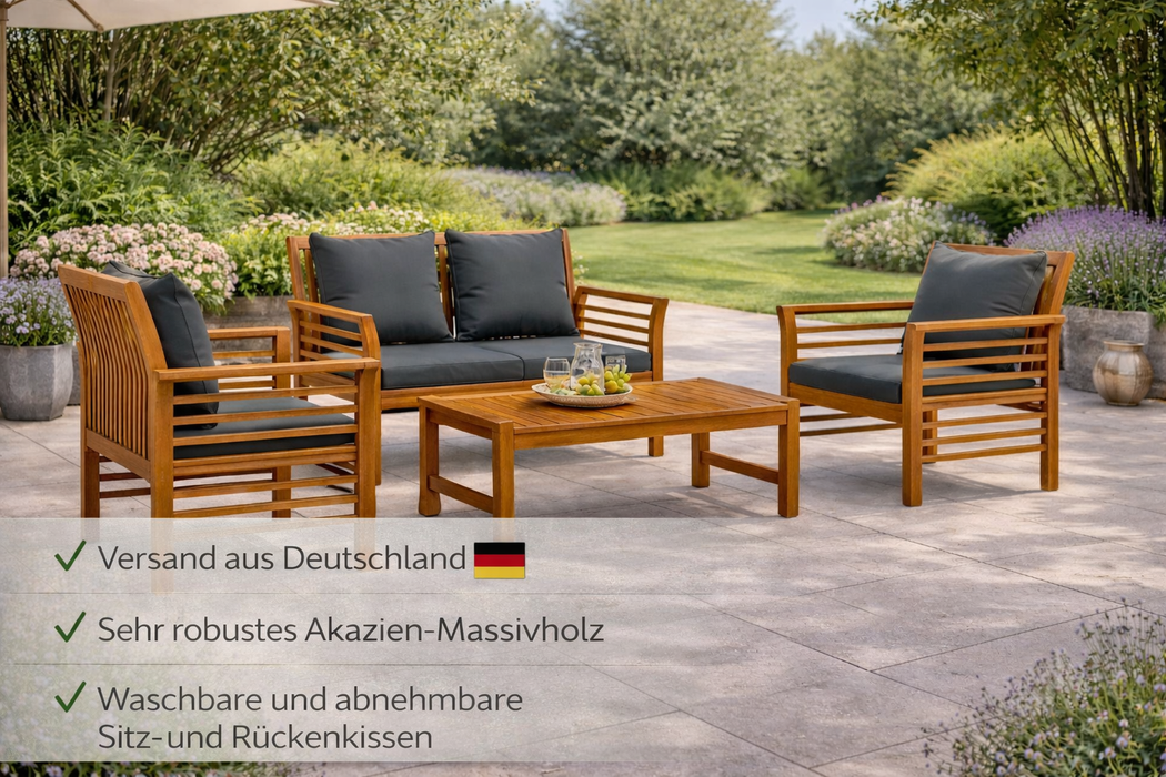 Garten-Essgruppen-Set Vinola mit Kissen und Esstisch aus Massivholz Akazie