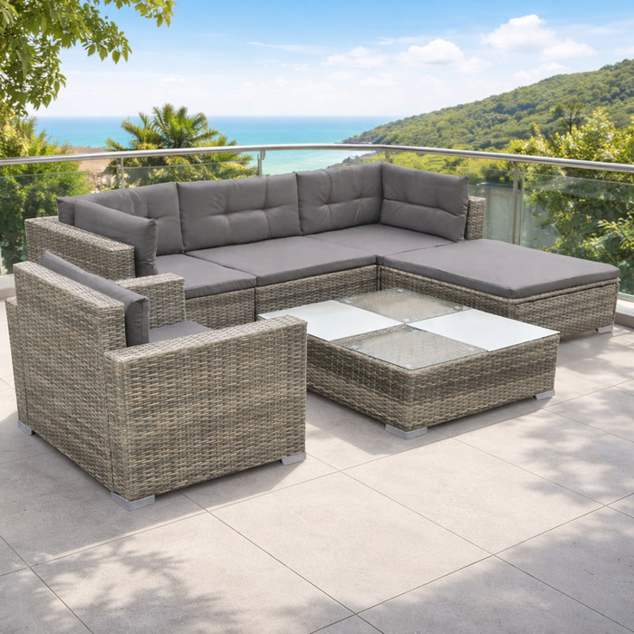 Gartenlounge Rita mit Esstisch und Auflagen im Set Poly Rattan