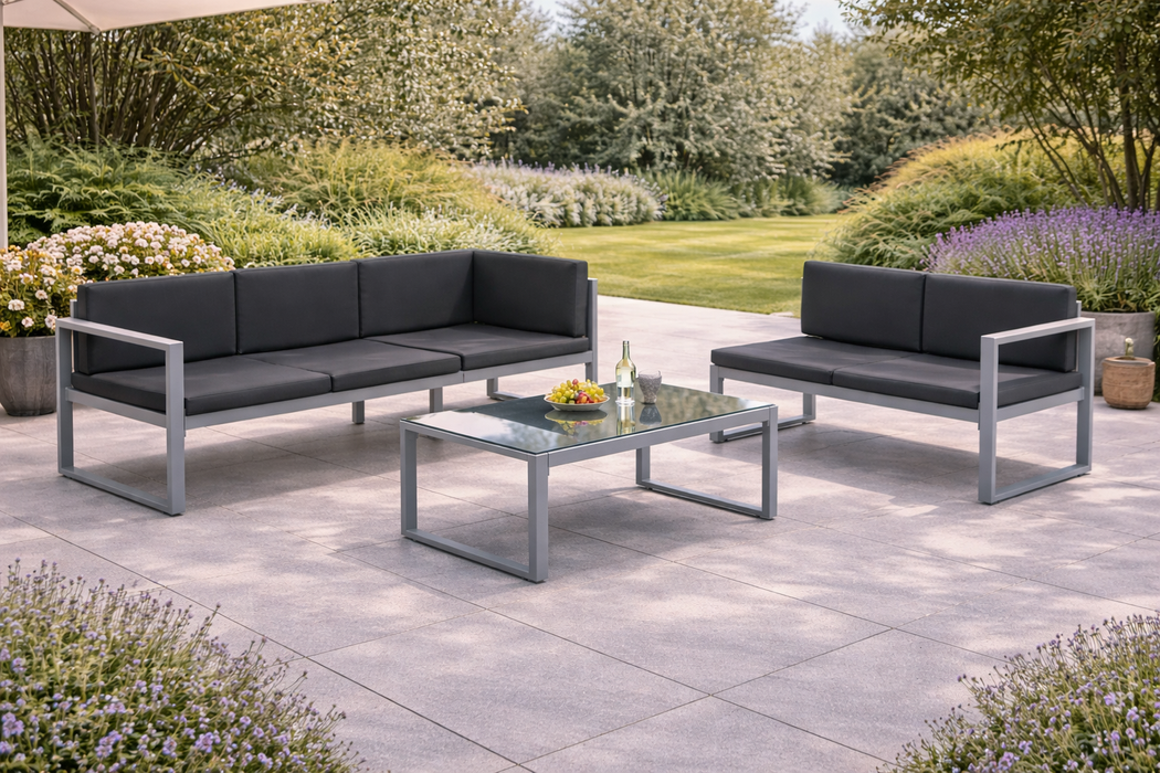 Garten-Sofagarnitur Martin mit Kissen und Esstisch aus Aluminium in Schwarz