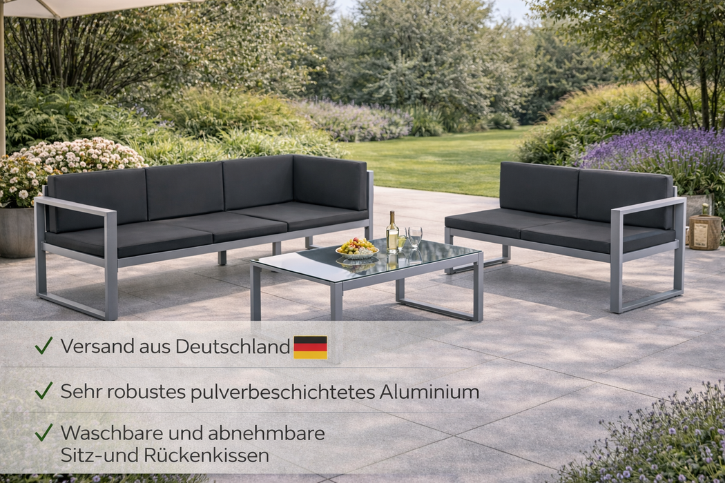 Garten-Sofagarnitur Martin mit Kissen und Esstisch aus Aluminium in Schwarz