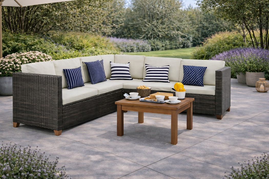 Garten-Lounge-Set Valencia mit Auflagen und Esstisch Poly Rattan Braun