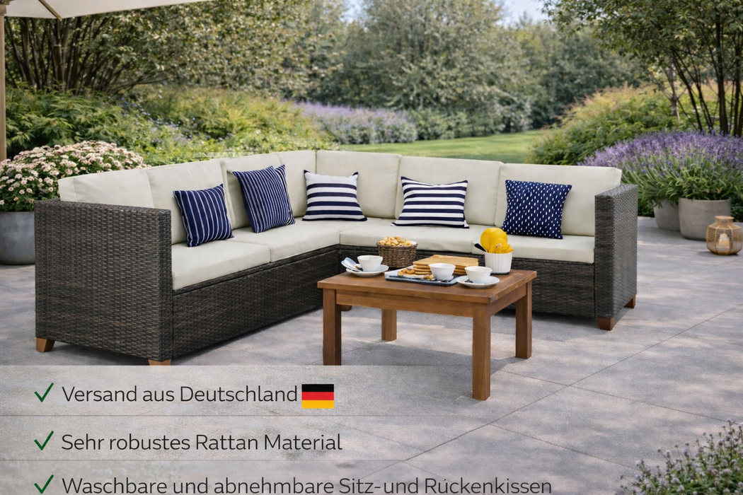 Garten-Lounge-Set Valencia mit Auflagen und Esstisch Poly Rattan Braun
