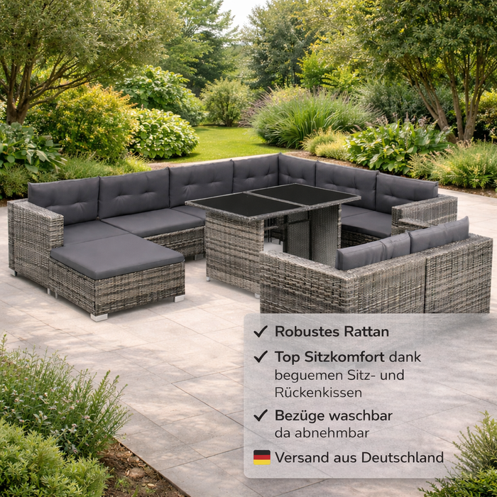 Garten-Lounge-Set XXL Mauritius mit Auflagen Poly Rattan Grau