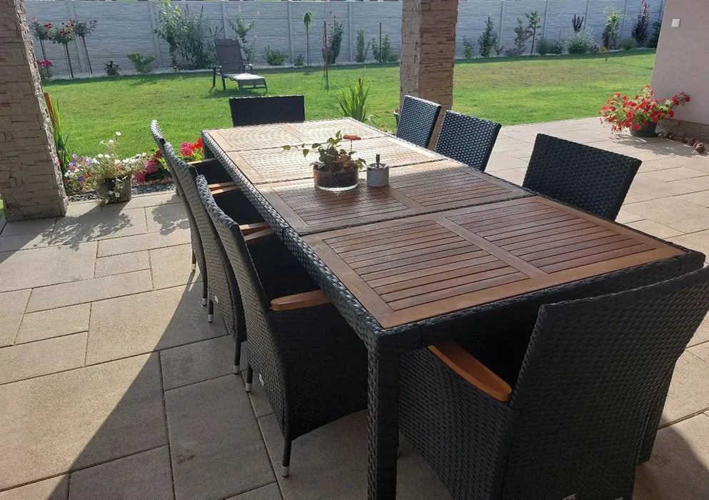 9 pcs. Garden dining group with cushions poly rattan black