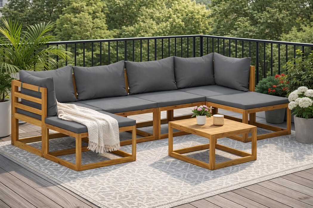 Gartenlounge Set Olivia Akazie Massivholz mit Esstisch und Auflagen