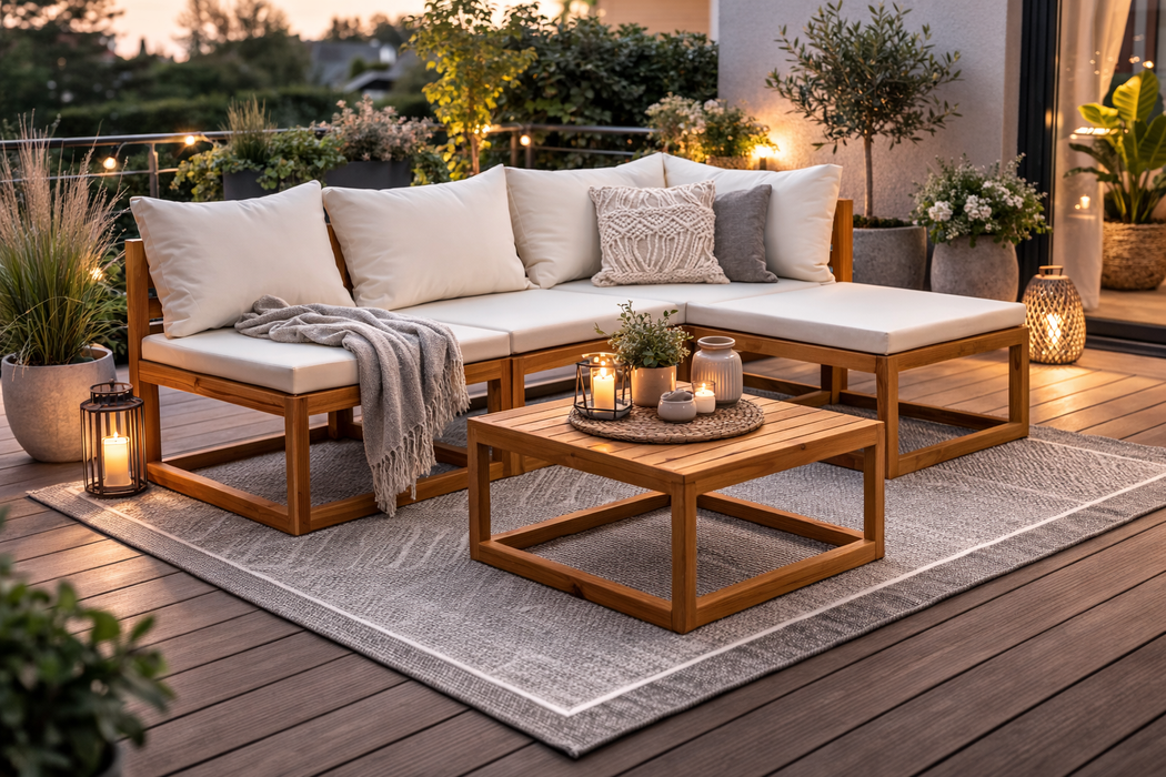 Gartenlounge Set Olivia Akazie Massivholz mit Esstisch und Auflagen