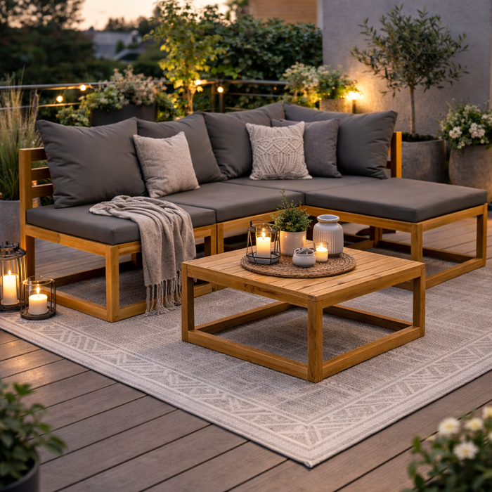 Gartenlounge Set Olivia Akazie Massivholz mit Esstisch und Auflagen