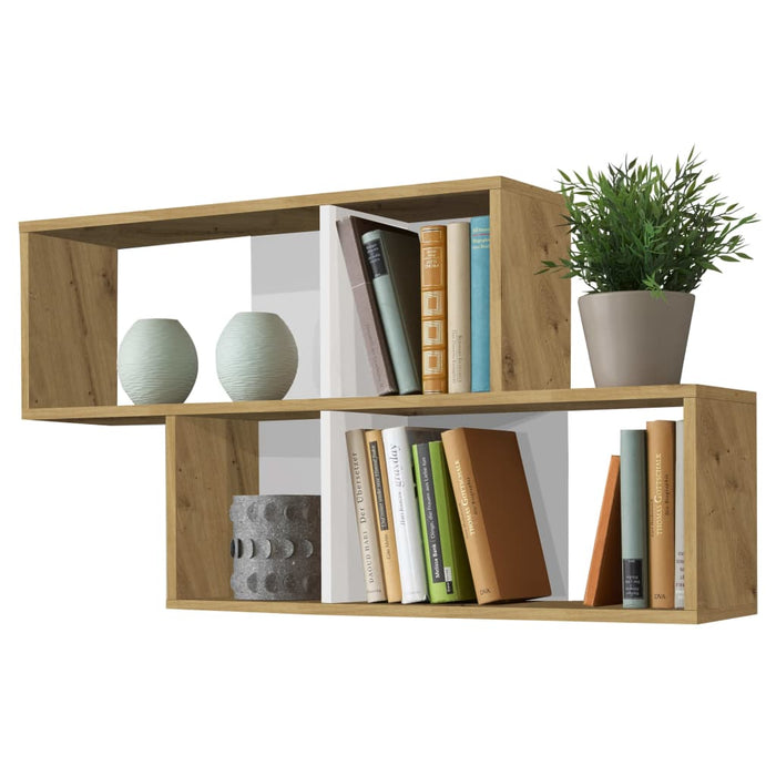 FMD wall shelf with 4 compartments in oak look and high-gloss white
