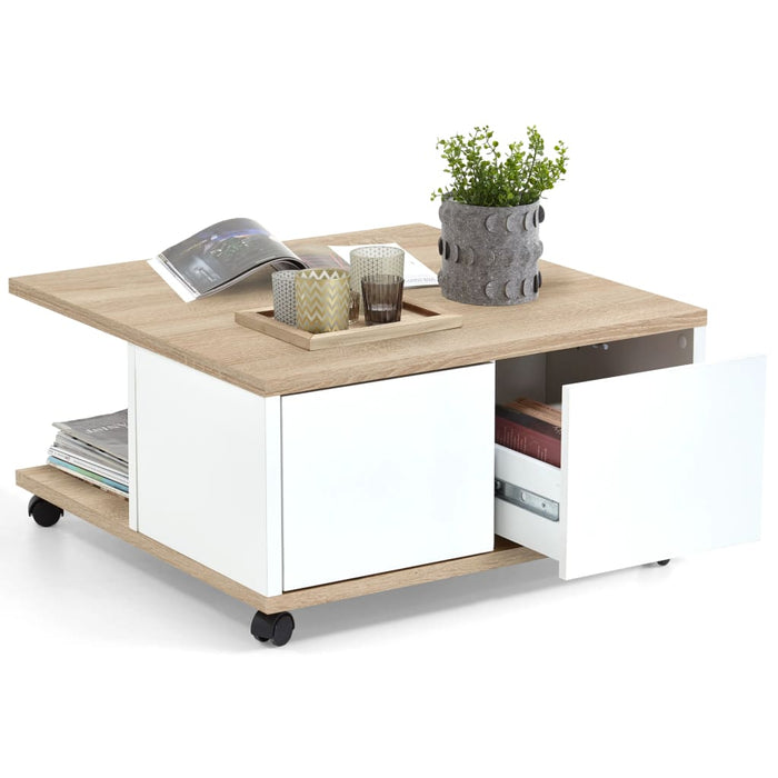 FMD Mobile coffee table 70×70×36 cm oak brown and high-gloss white