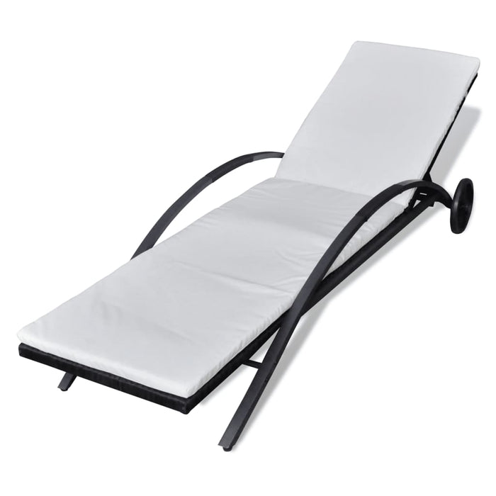 Sun lounger with cushions &amp; wheels poly rattan black
