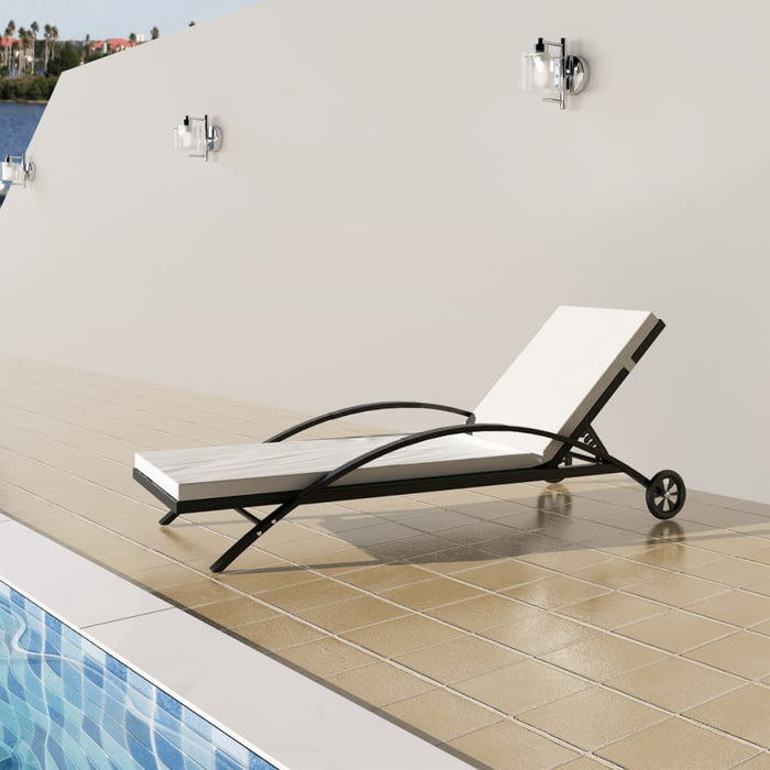 Sun lounger with cushions &amp; wheels poly rattan black