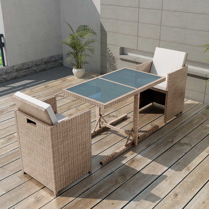 3-tlg. Bistro-Set mit Auflagen Poly Rattan Beige