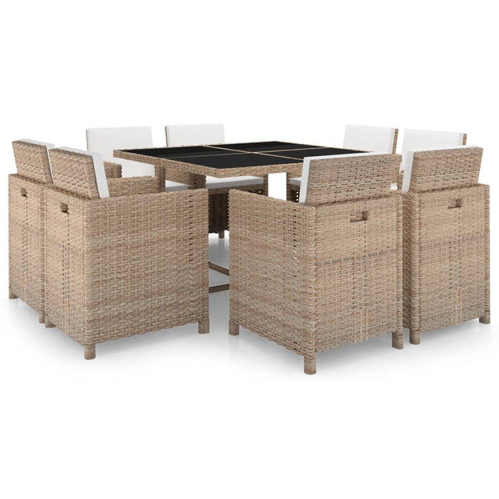 9 pcs. Garden dining group with cushions poly rattan beige